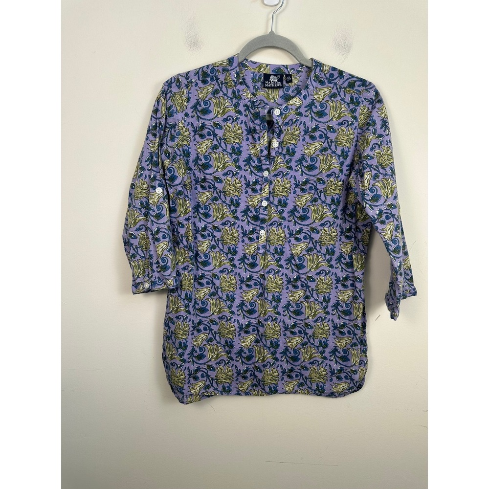 Madison Mathews Tunic Top Womens XS Purple Floral Excellent Cotton Block Print